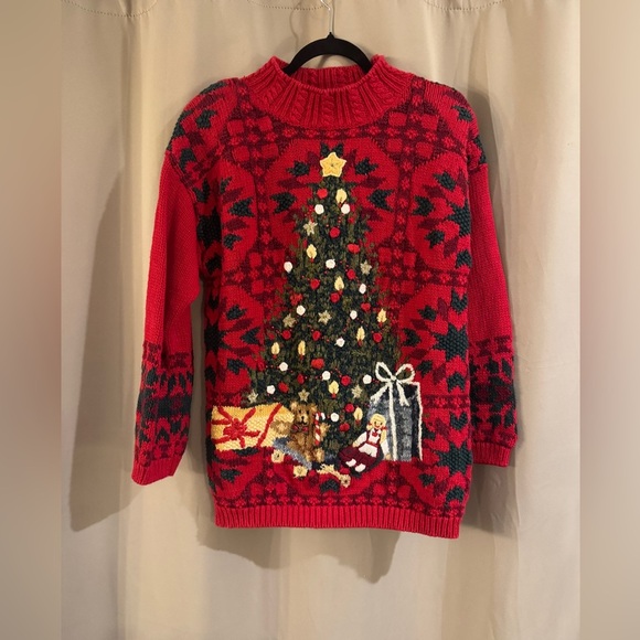 Vintage Red Christmas Sweater with Tree Design - Picture 1 of 5